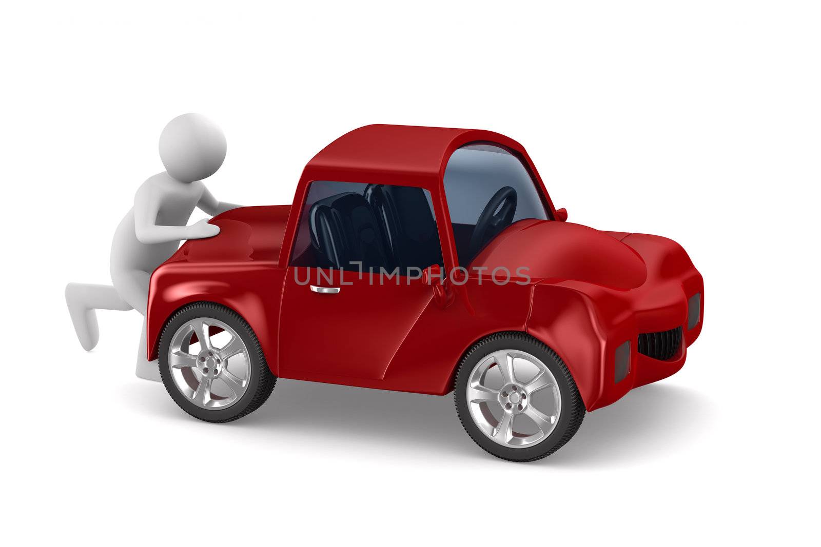 man pushes broken car. Isolated 3D image