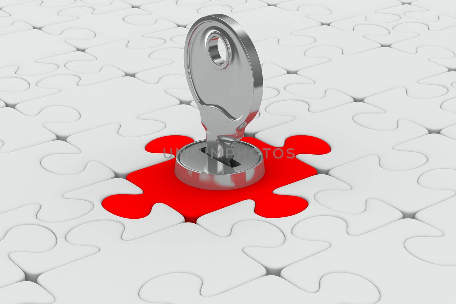 Puzzle with key on white background. Isolated 3D image