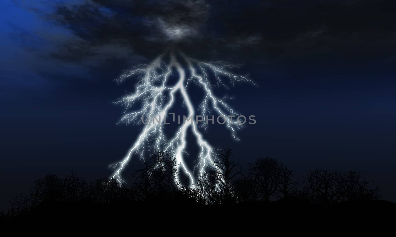 Lightning. Bright flash of a lightning above forest