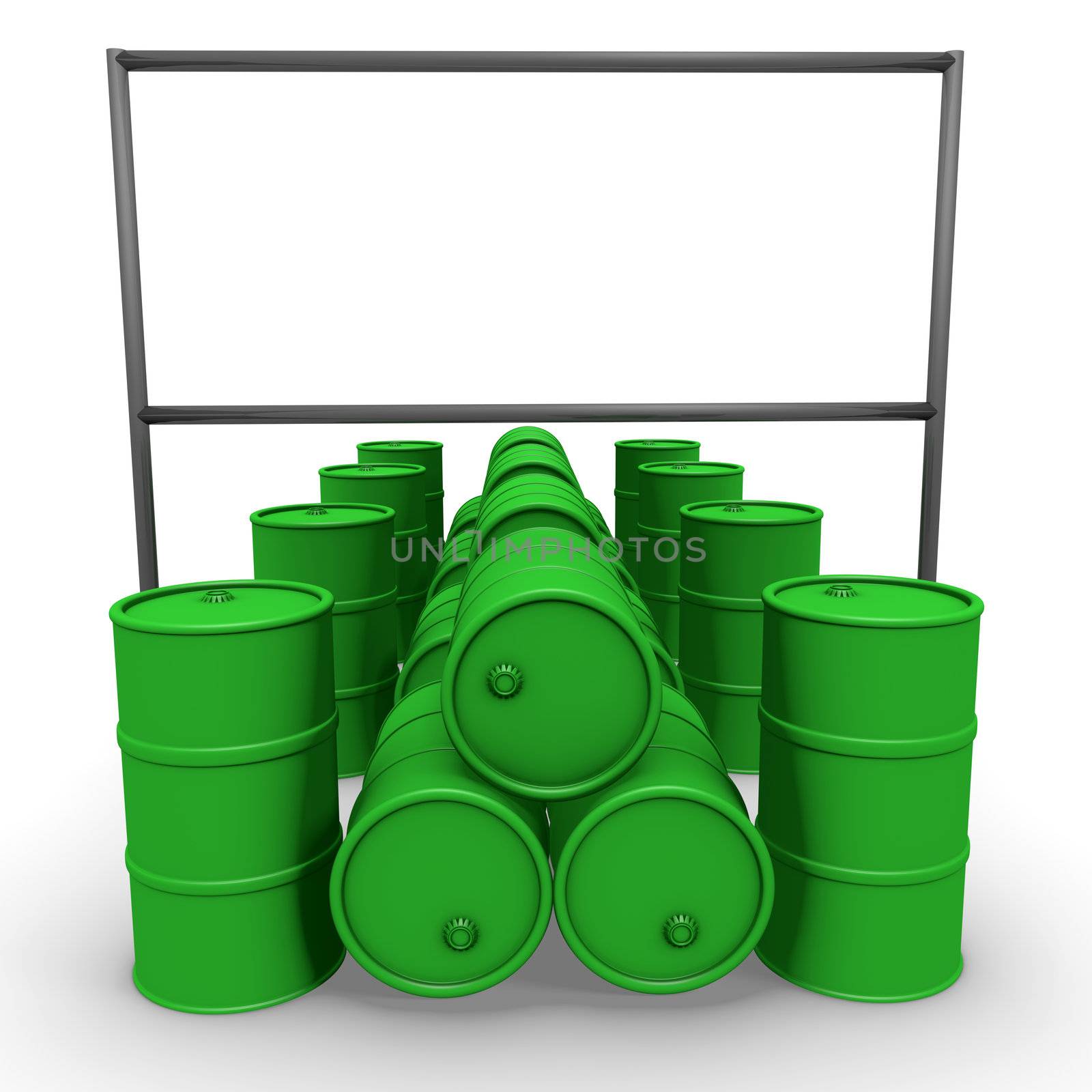 Abstract 3d-illustration: Green barrels with blank billboard
