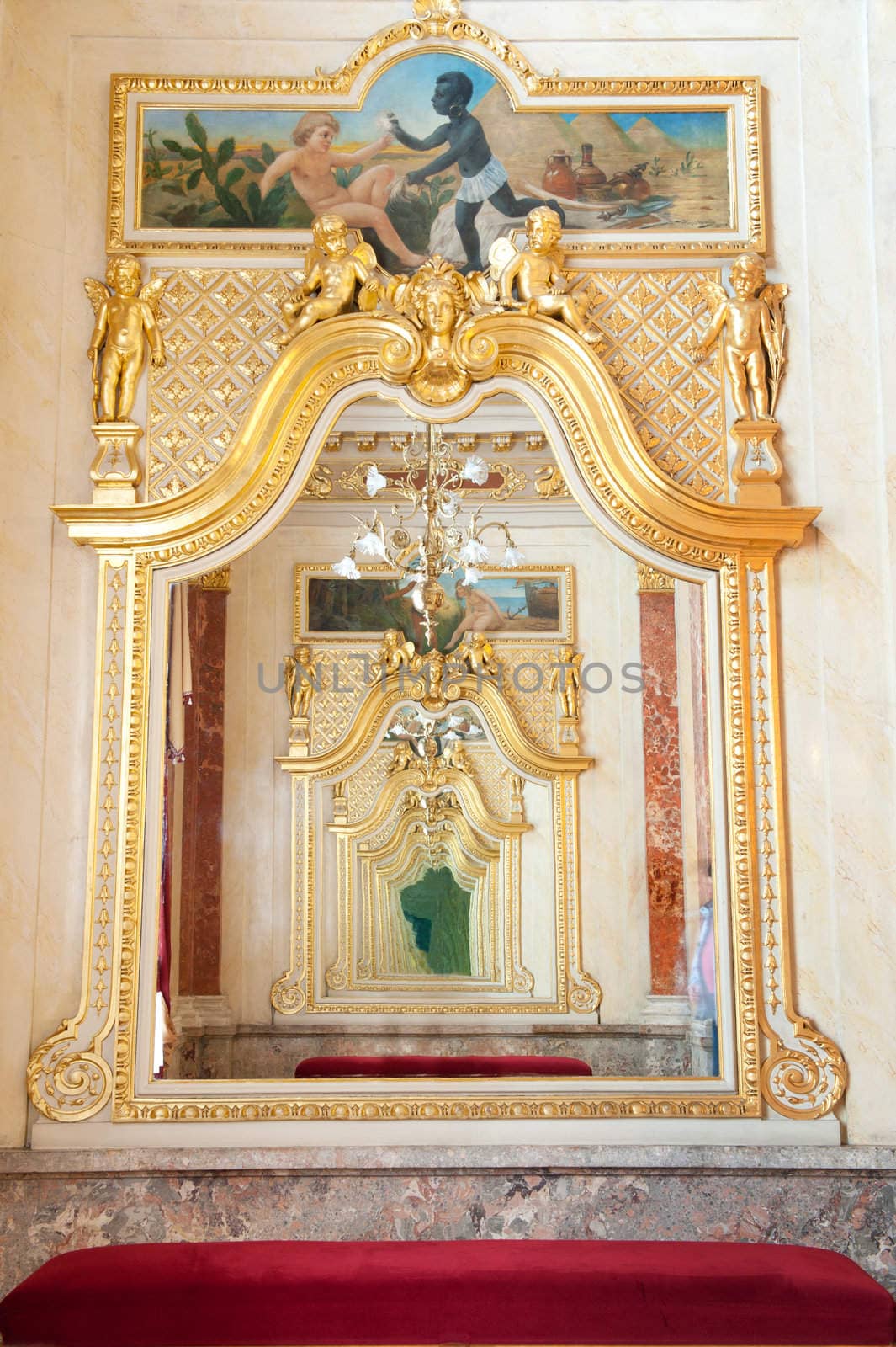 Reflection in mirrors. Foyer of opera theatre of city of Lvov. Multiplicity reflection in mirrors