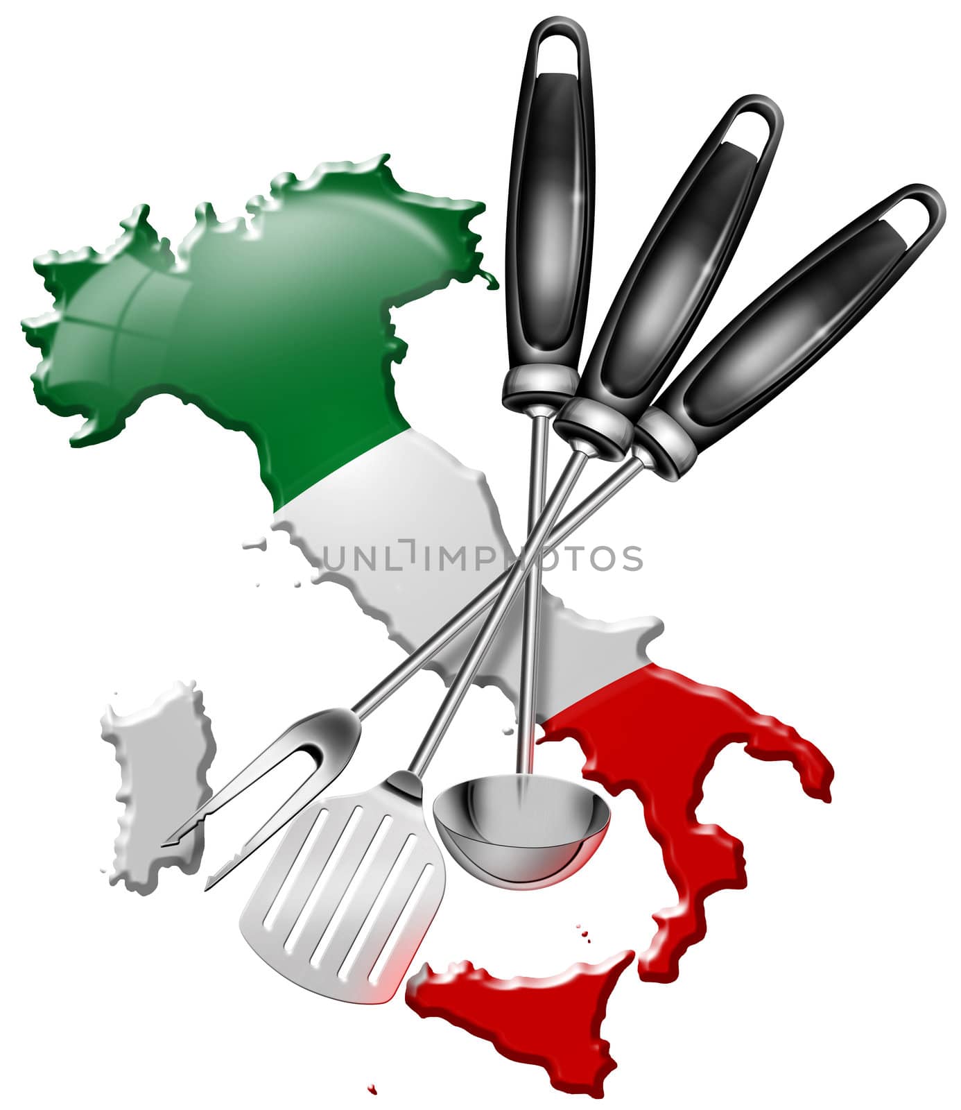 Concept of Italian cuisine with kitchen tools, italian territory and national flag