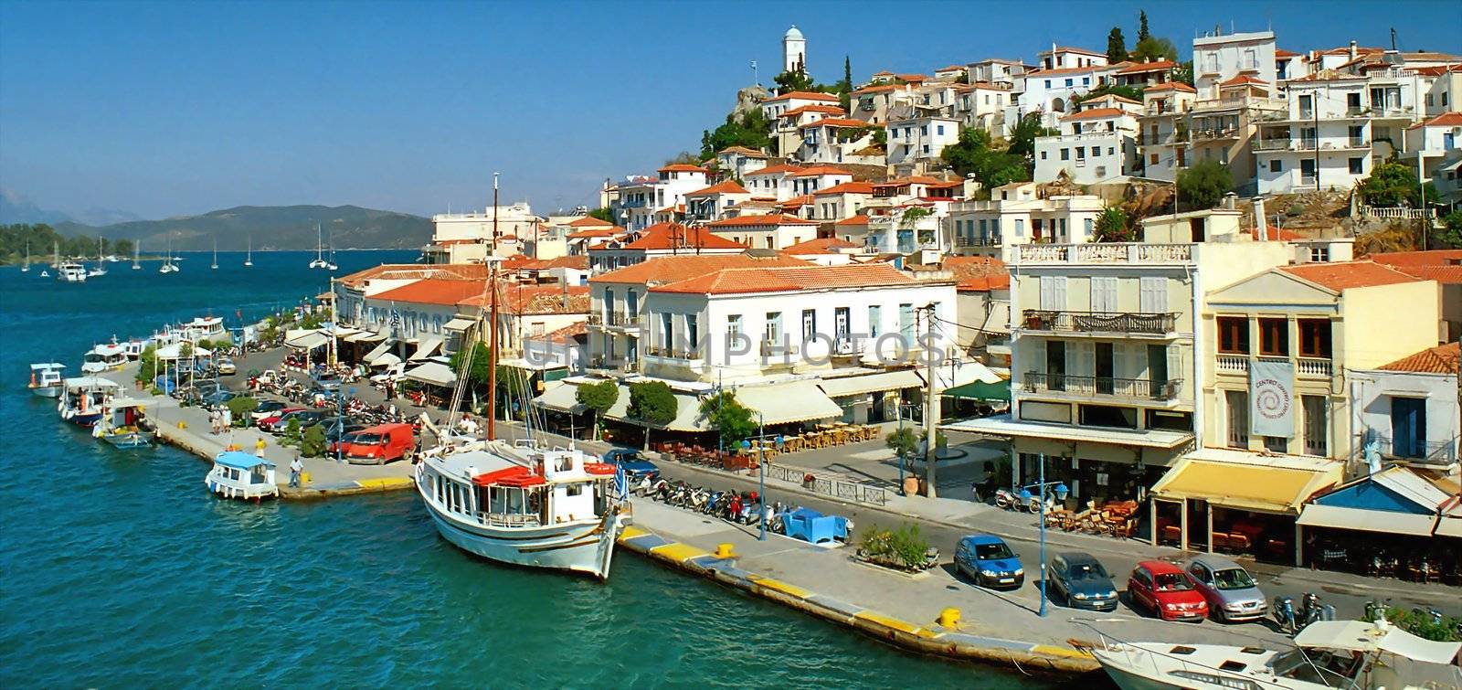 View of quay of picturesque greek town