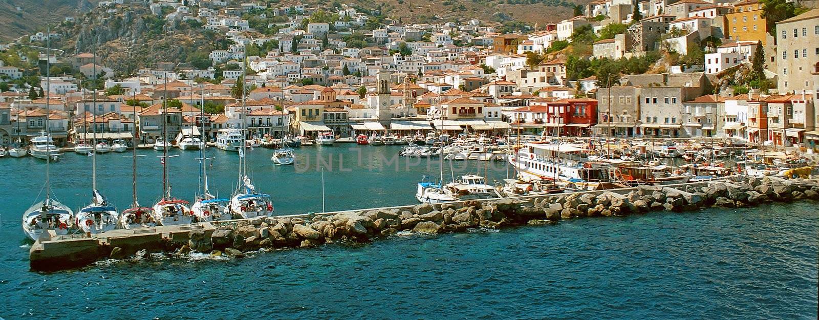 View of town quay and port of greek island