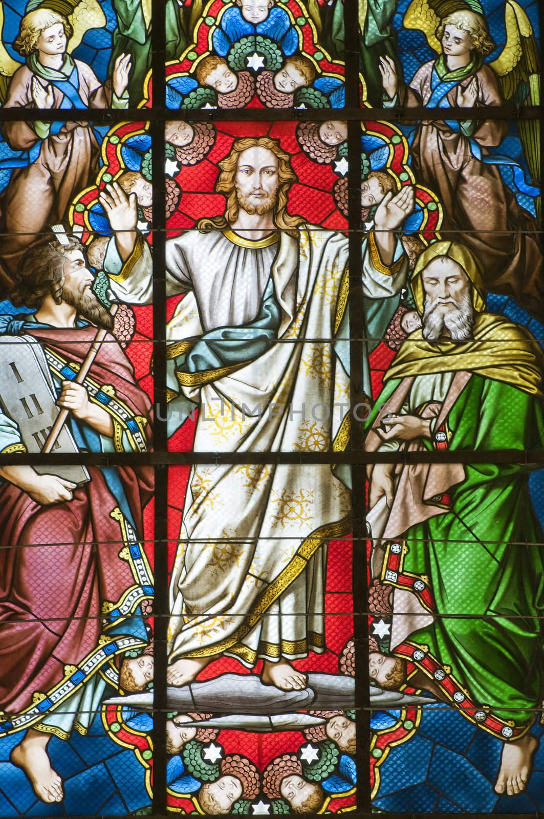 Detail of coloured Stained glass window with jesus
