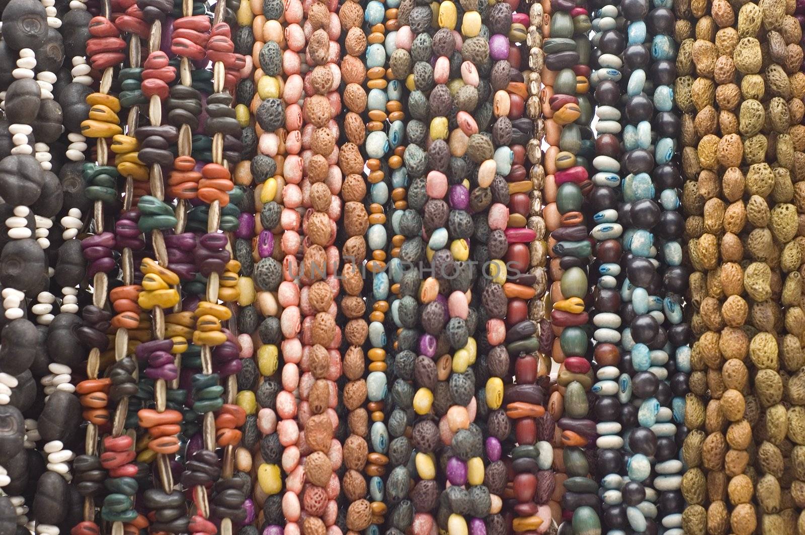 Bead necklaces hanging for sale in a market in Mexico