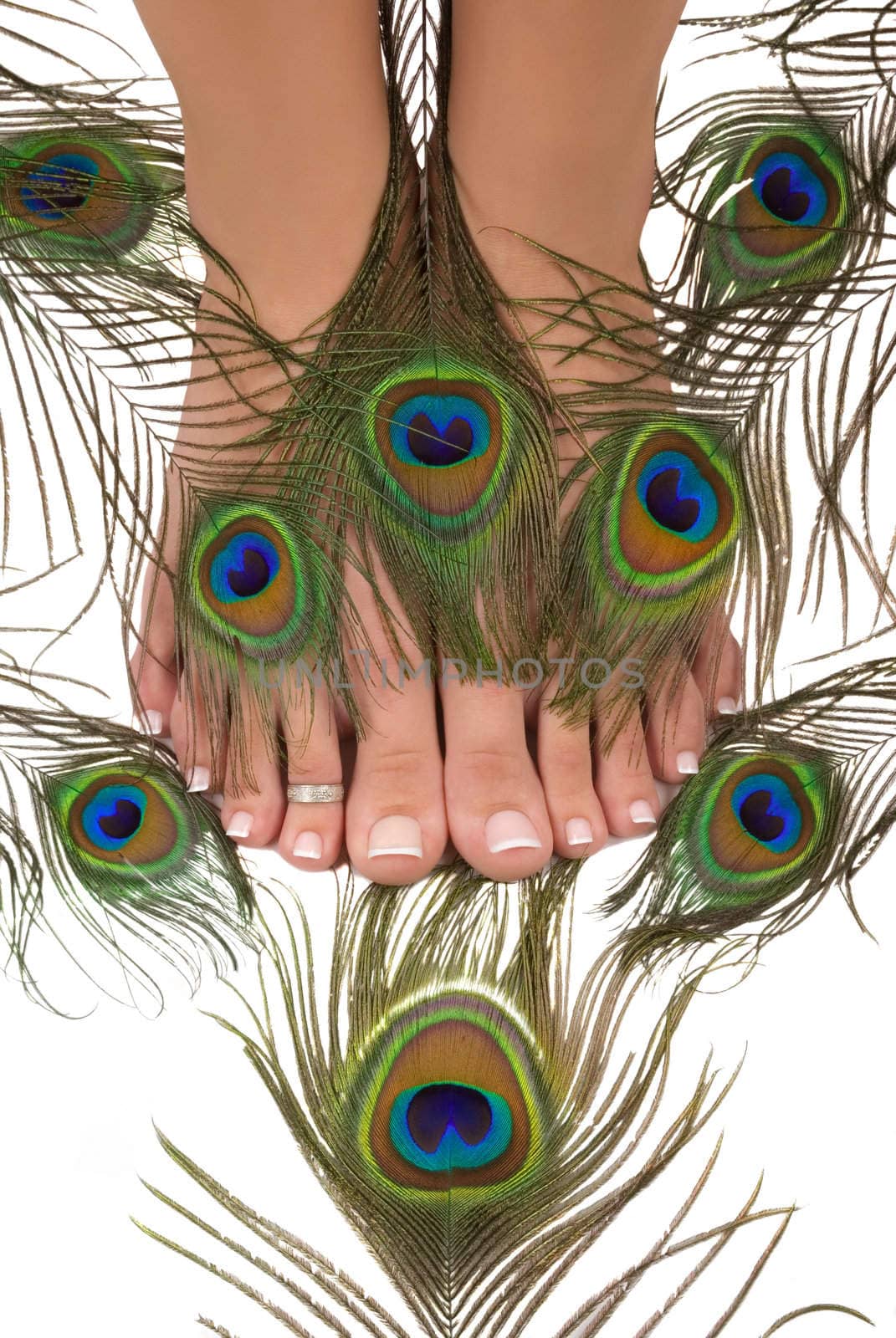 Pedicured feet and beautiful colorful peacock feathers