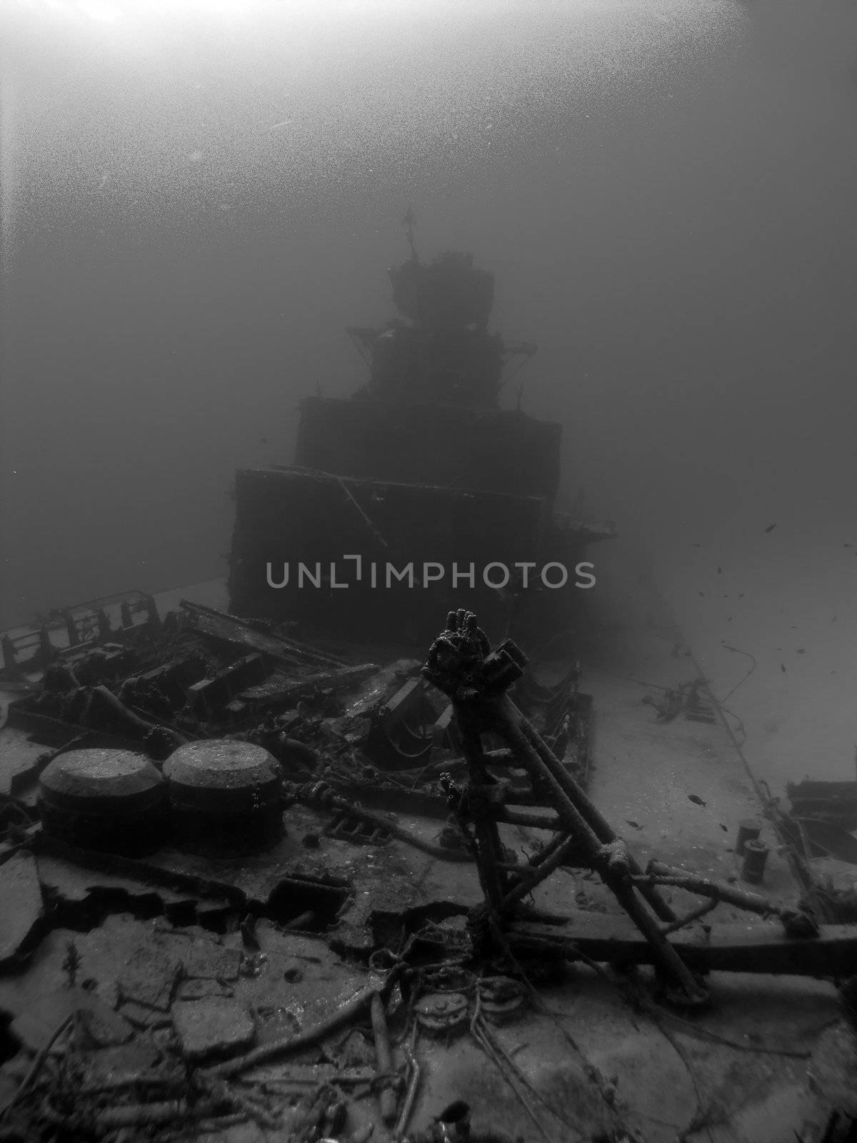 A Black and White shot of the Deck of a Sunken Destroyer