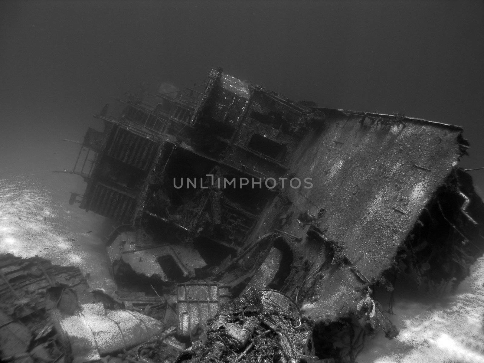 Black and White shot of an Underwater Shipwreck