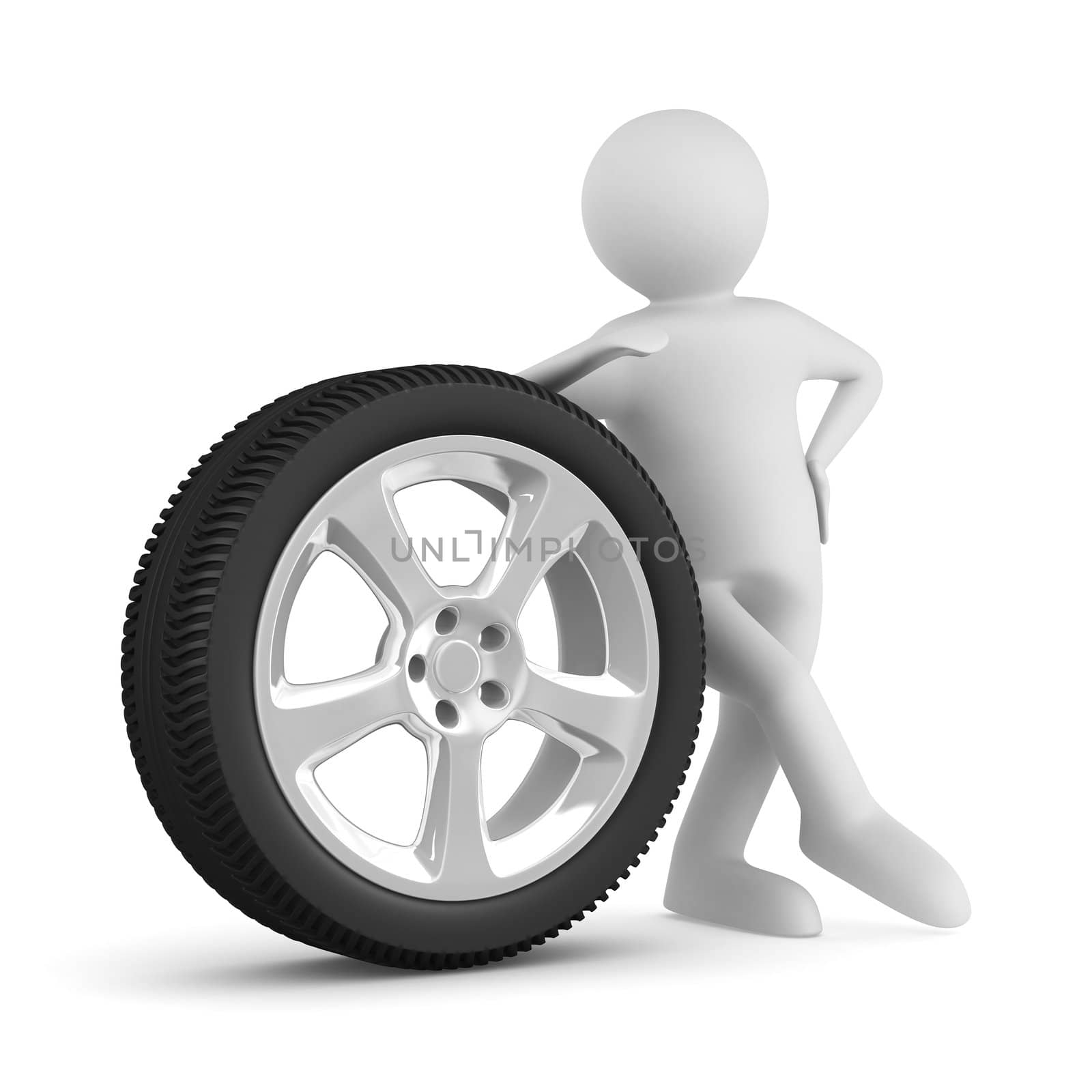 man with disk wheel on white background. Isolated 3D image