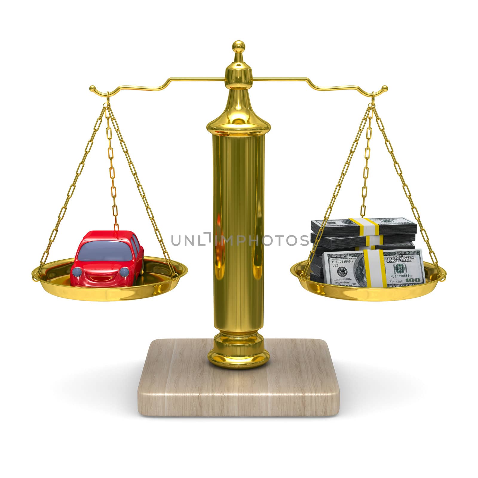 car and cashes on scales. Isolated 3D image