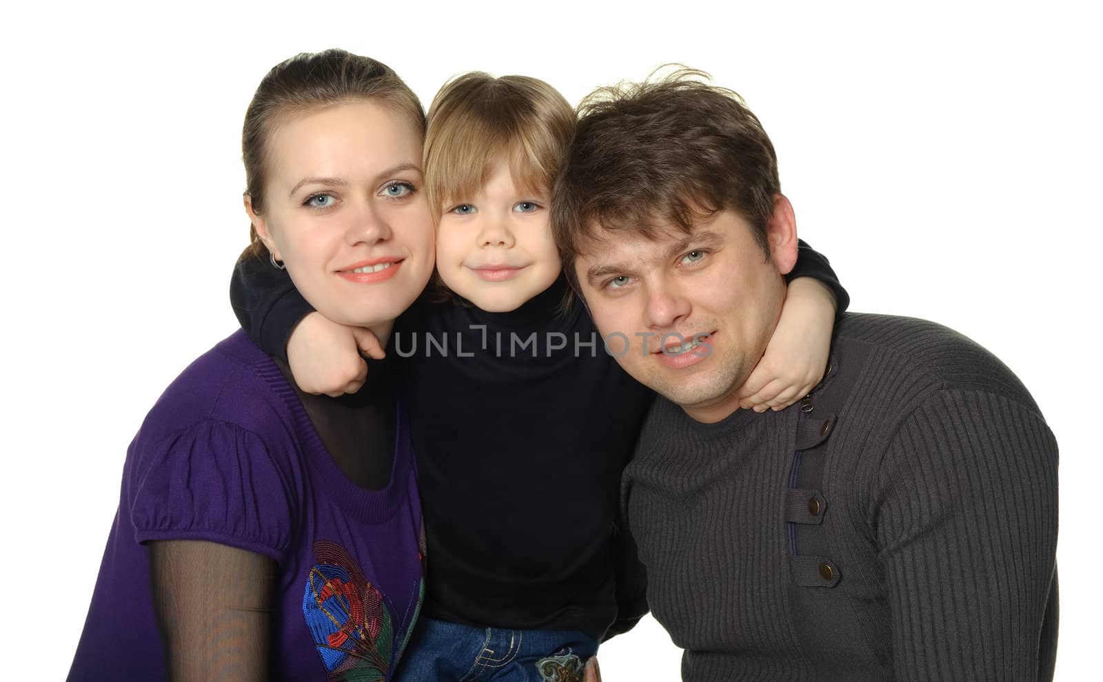 Happy family mum, the daddy, the son. It is isolated on a white background