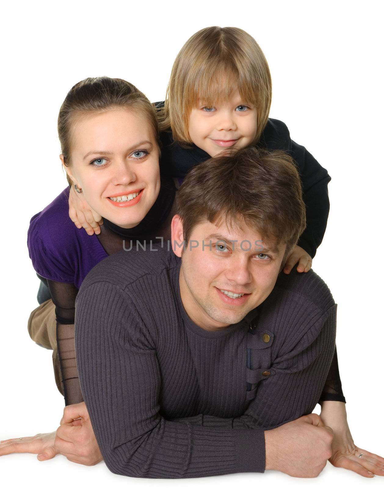 Happy family mum, the daddy, the son. It is isolated on a white background