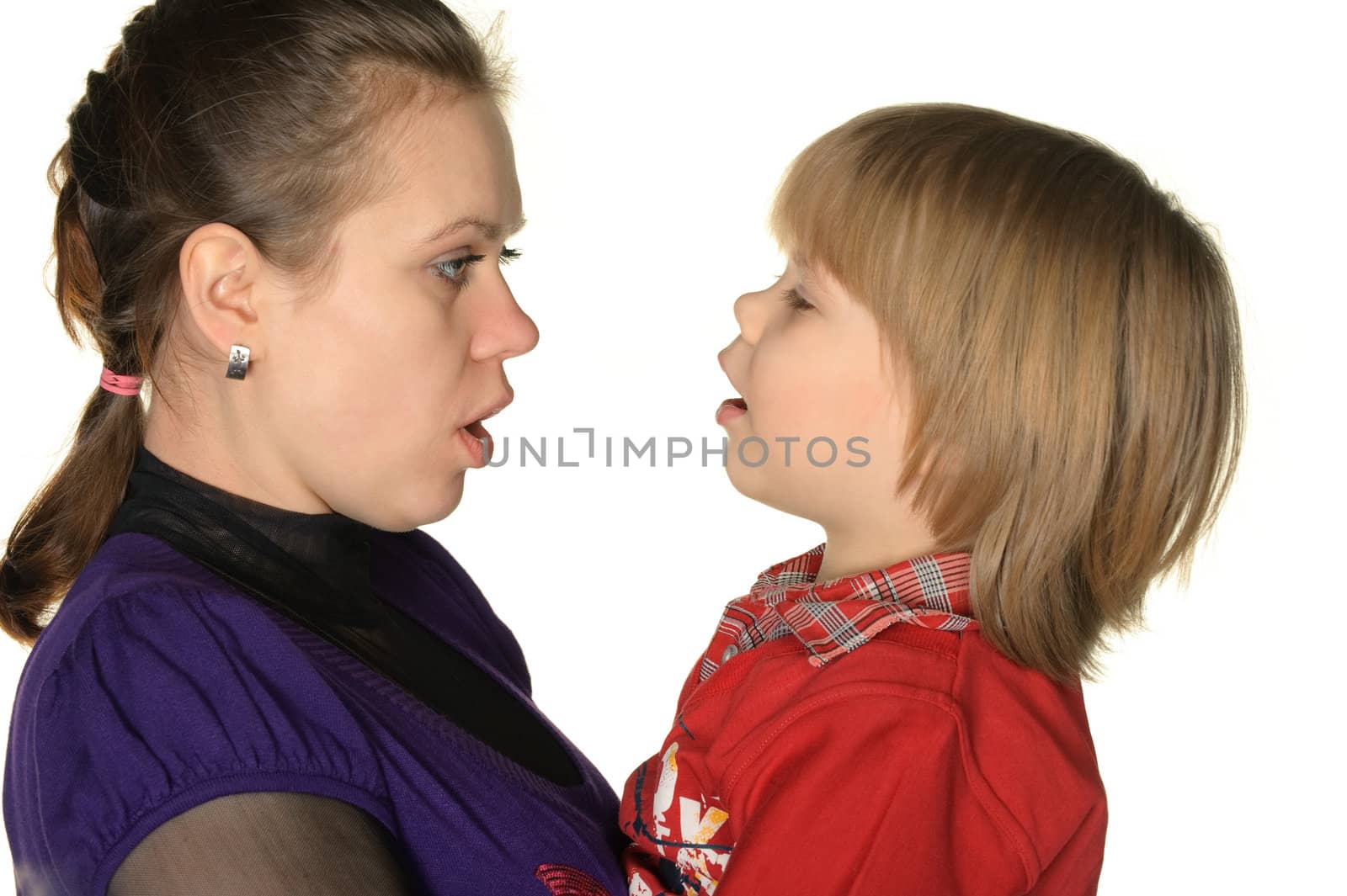 Mum with the son. It is isolated on a white background