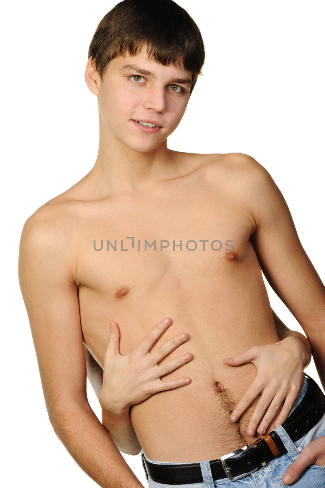 Young the man with female and hands on a torso. Topless. Isolated on white