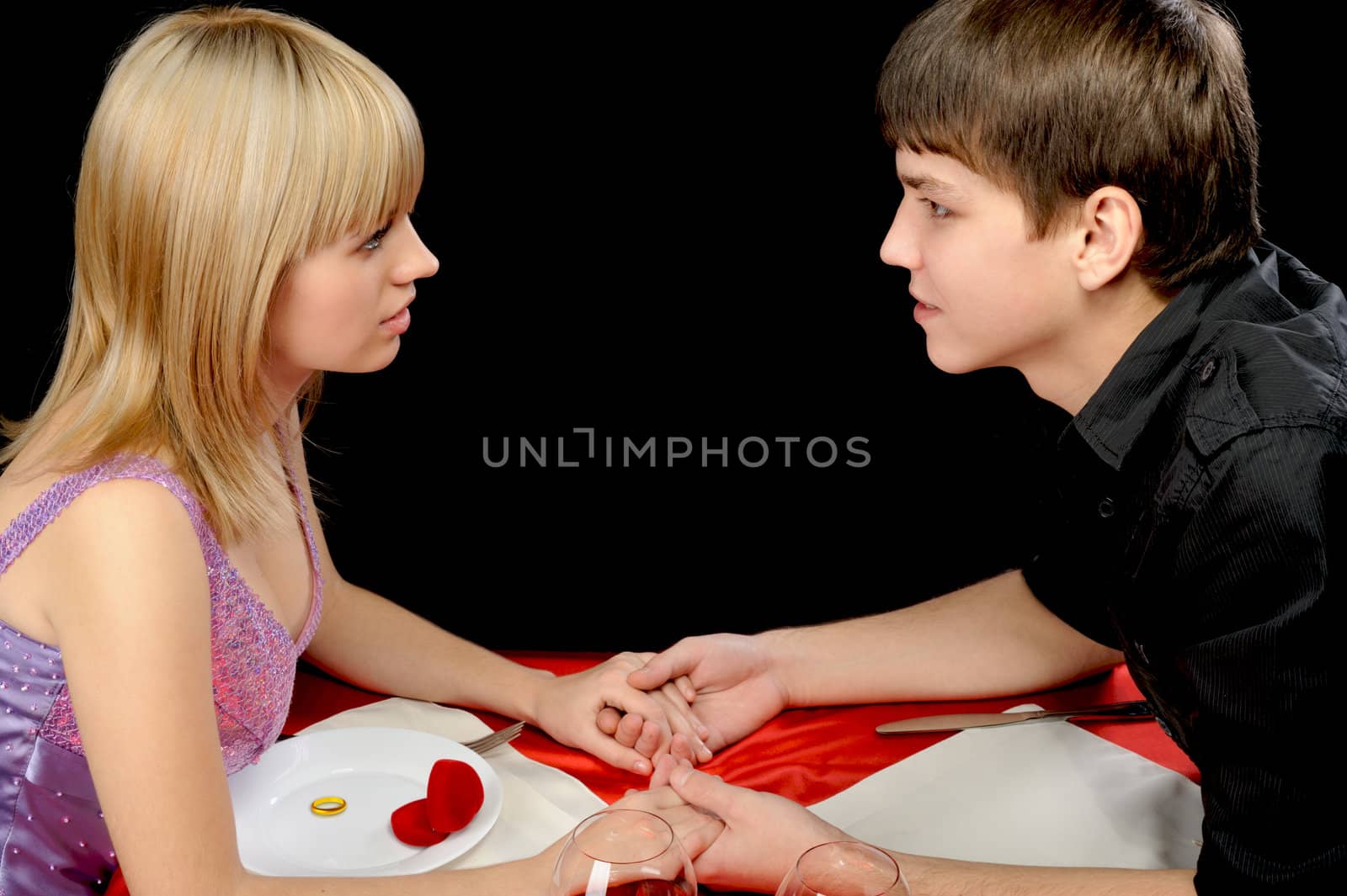 Romantic supper. Young the man proposal the offer to the girl