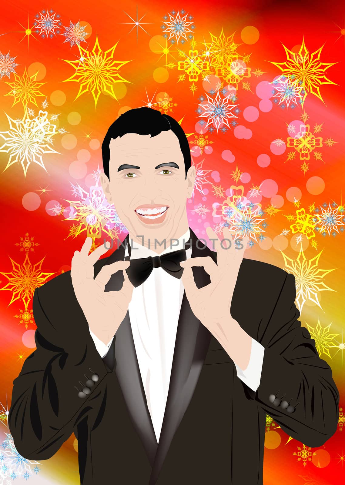The elegant man in a classical tuxedo on a New Year's background