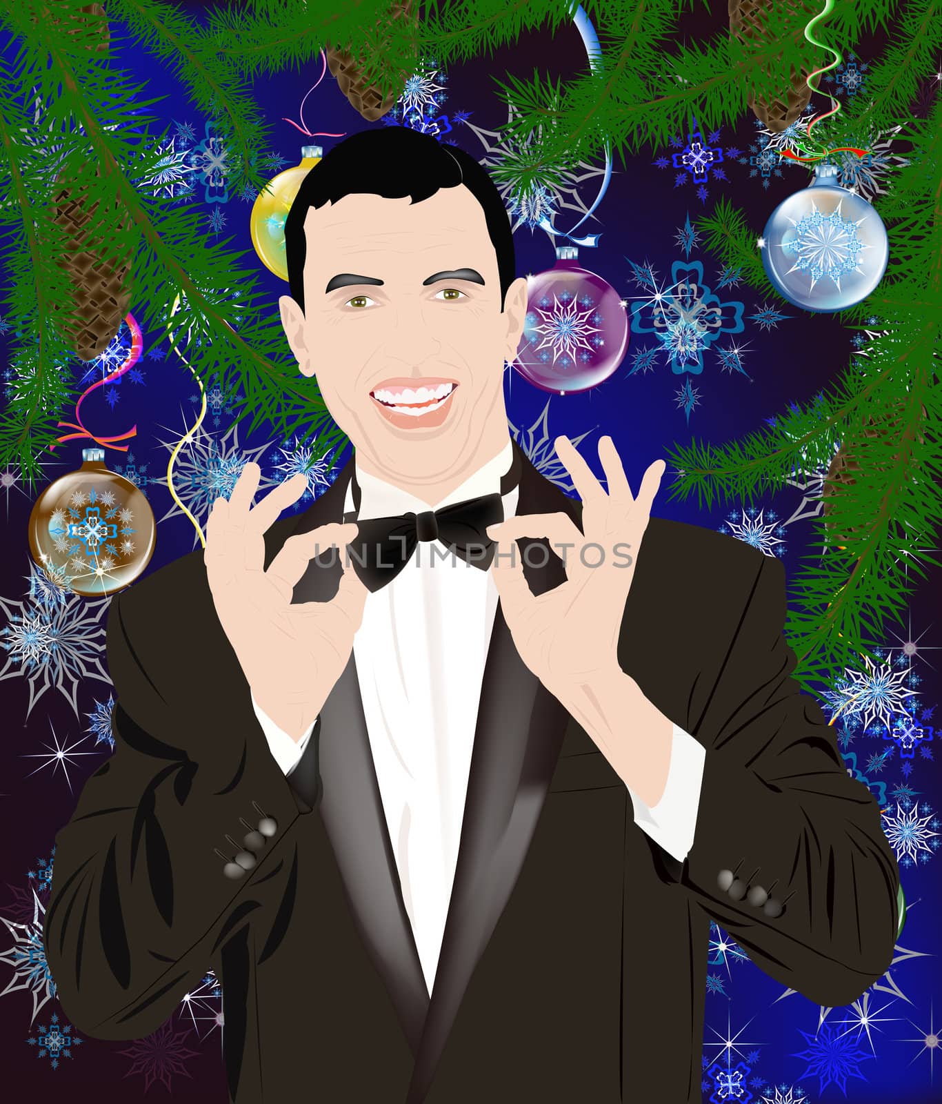 The elegant man in a classical tuxedo on a New Year's background