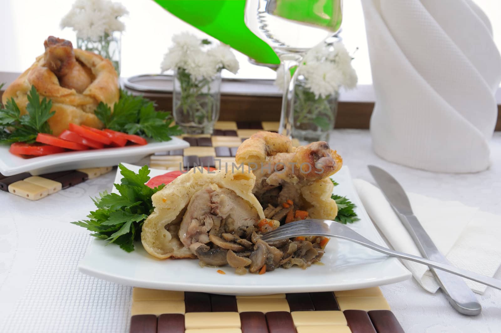 Chicken leg stuffed with mushrooms in pastry (cut) by Apolonia