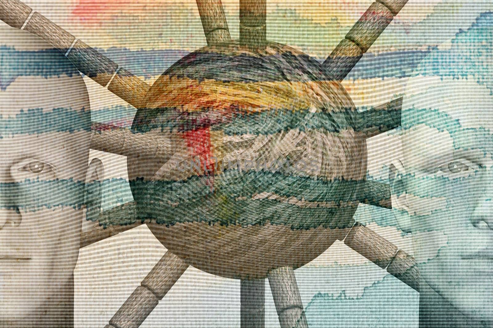 Male figures, abstract shape and dripping paint. 3d digitally created illustration.