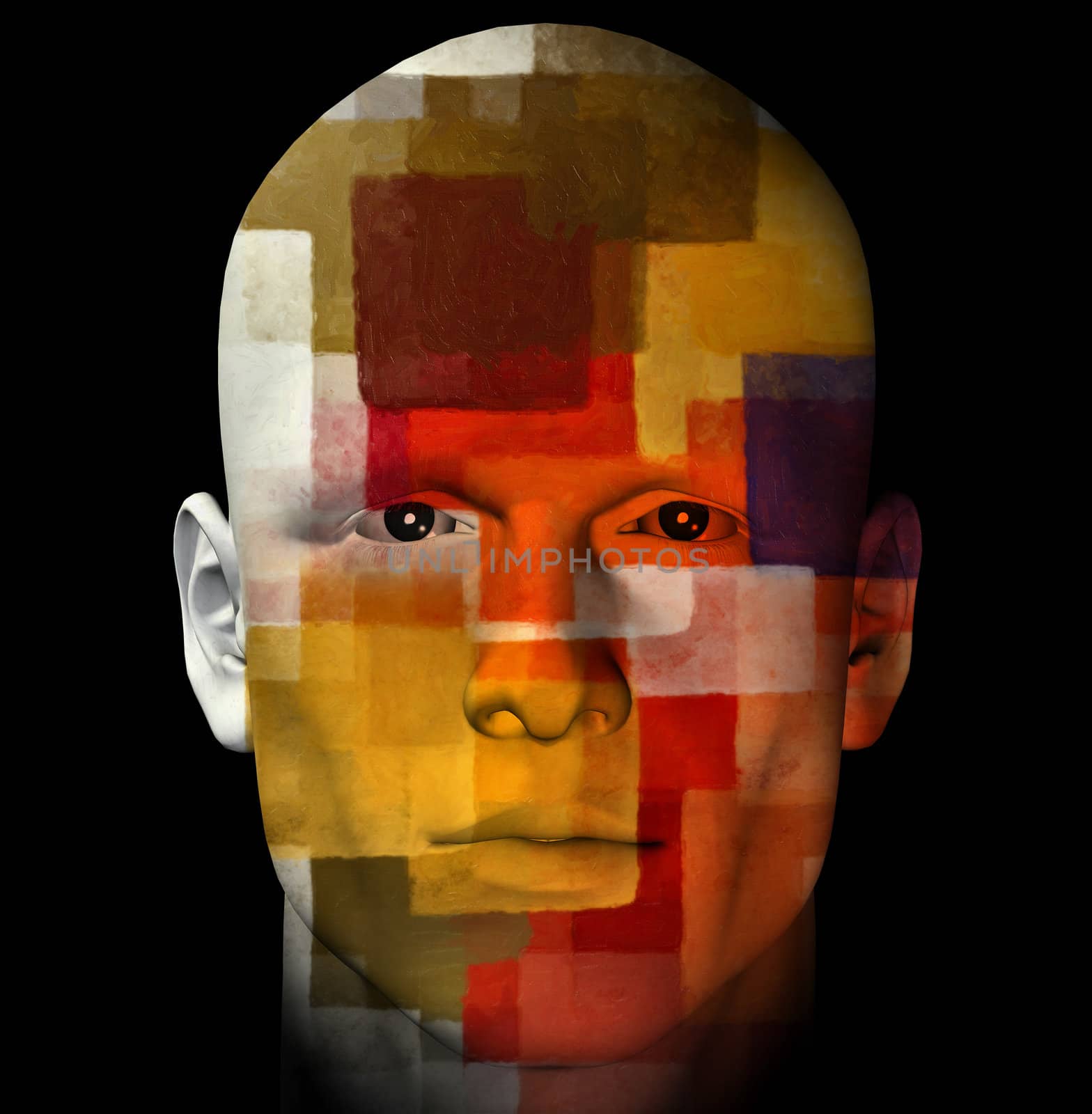 Male portrait and colorful cubist pattern. 3d computer generated illustration.