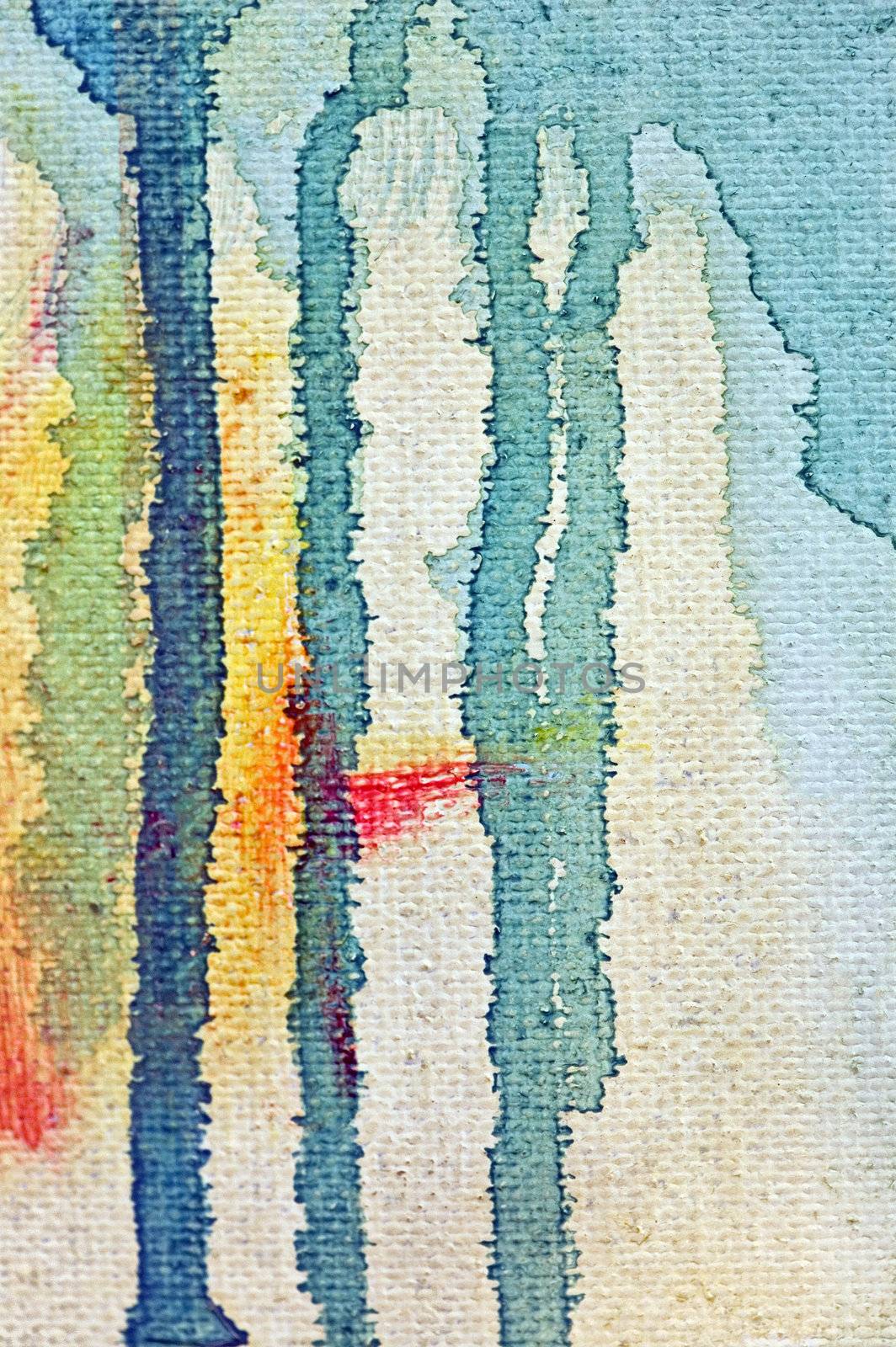Abstract art dripping paint colors on white canvas.