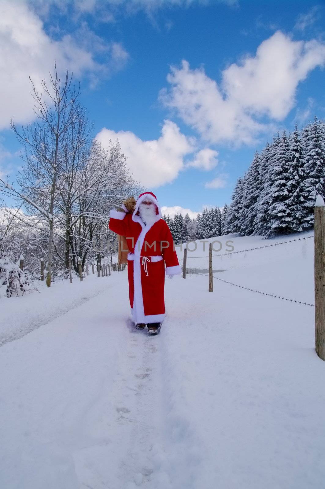 Santa Claus, Father Christmas in a beautiful winter landscape