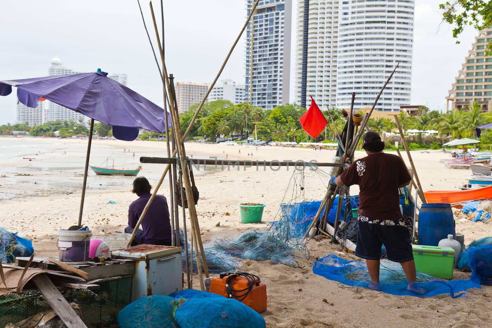 Fishermen and fishing gear used in fishing.