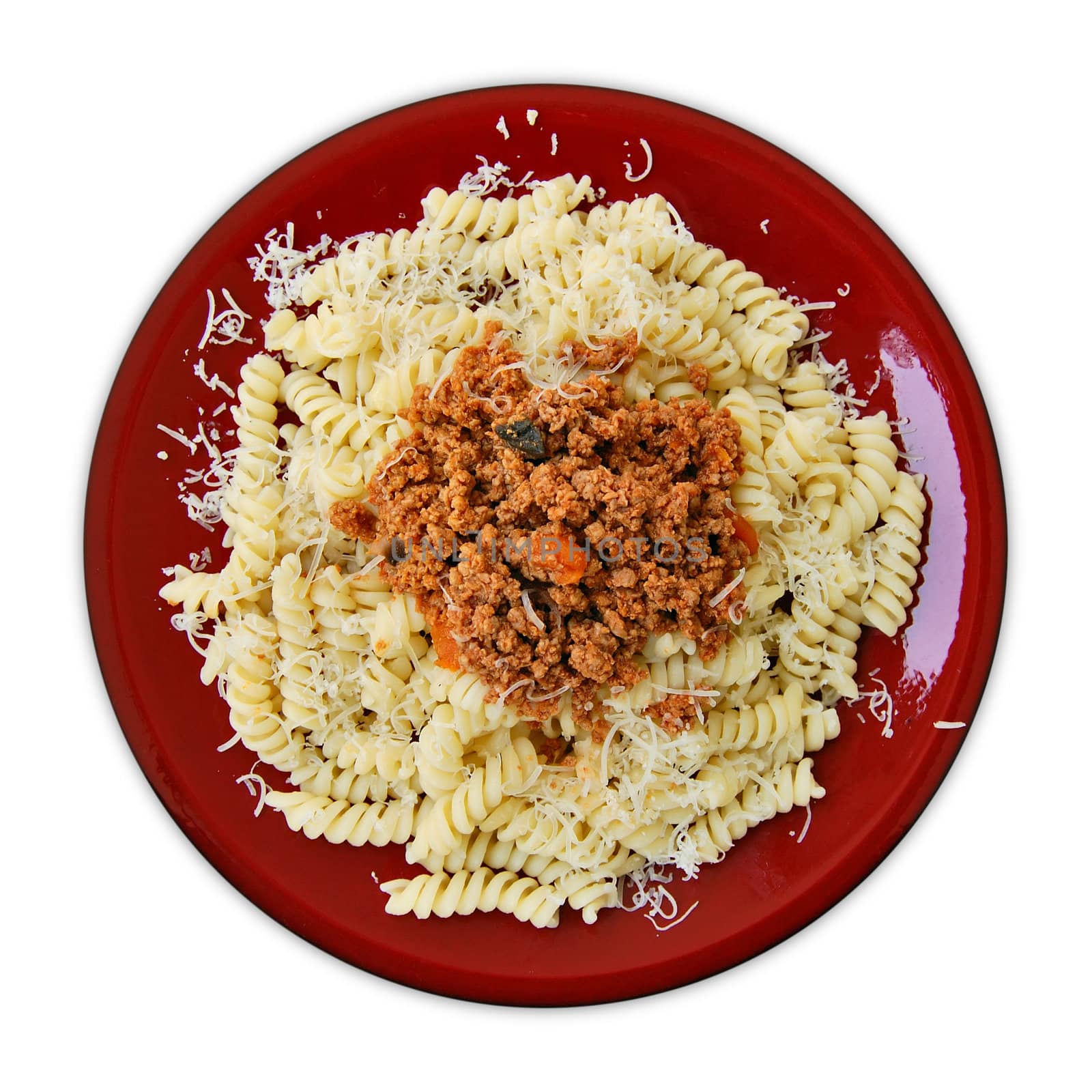 Fusilli pasta and bolognese sauce italian food dish.