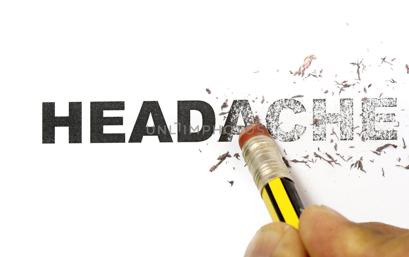 Word headache being erased by eraser concept.