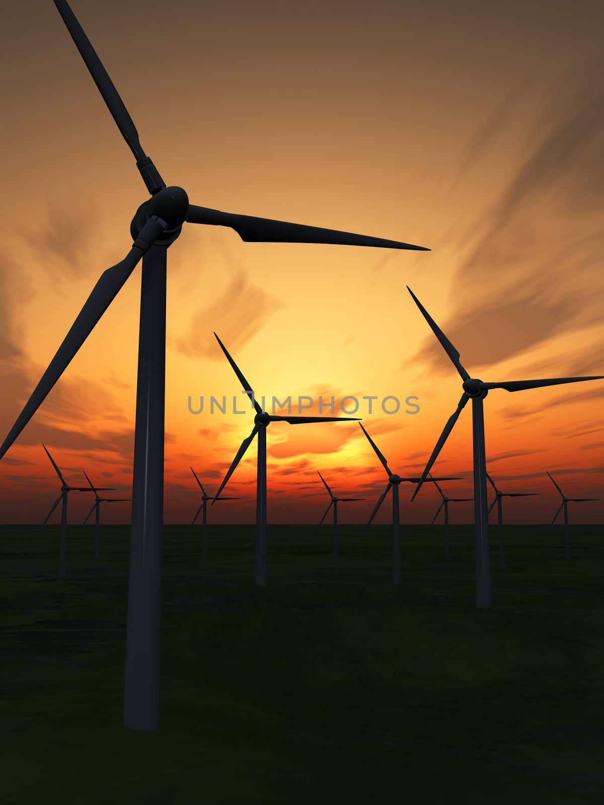 Wind power stations. On a background picturesque sunset