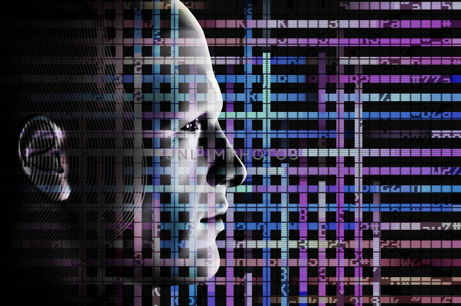 Male portrait and computer code. Digitally created futuristic illustration.