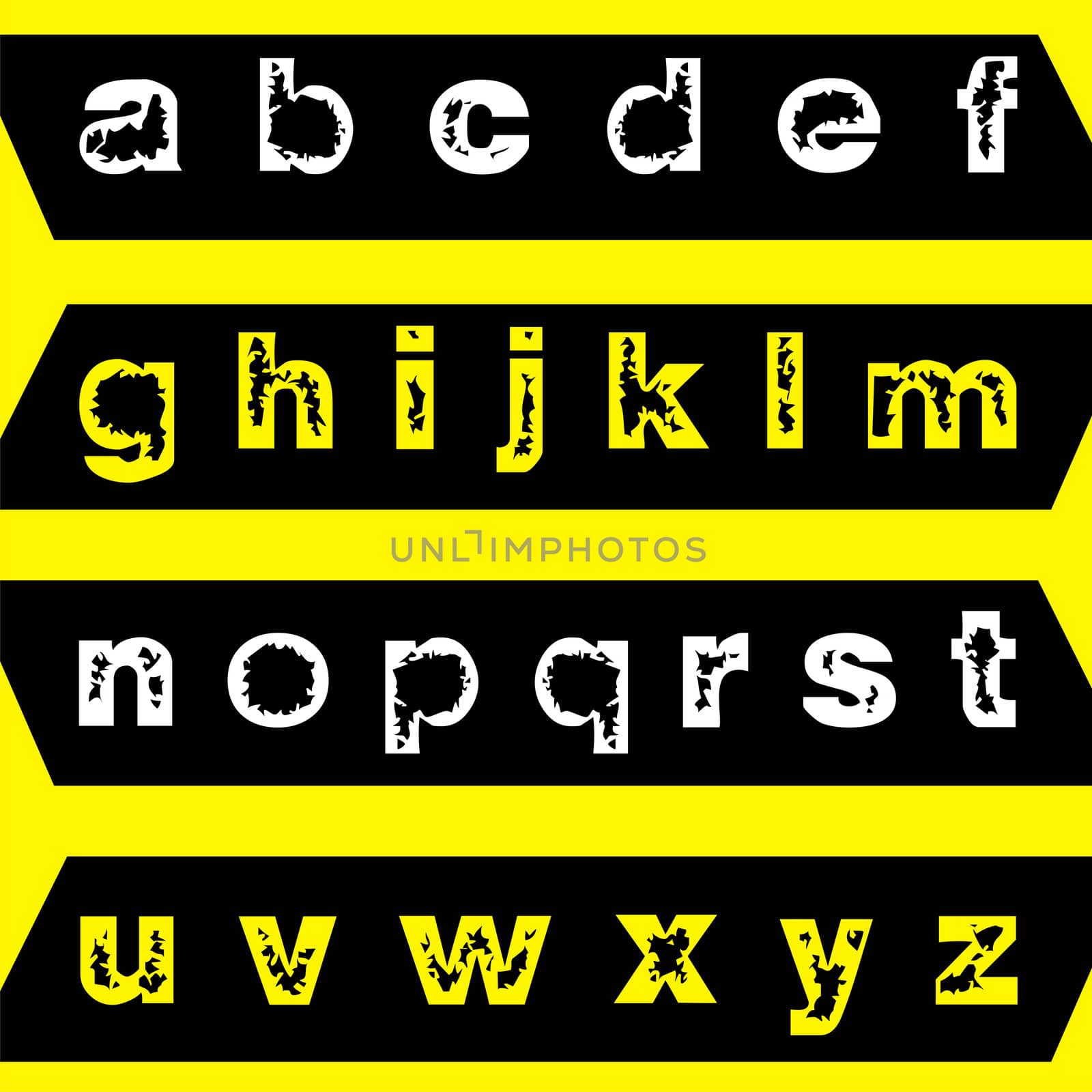 Grunge display font. Eroded alphabet lowercase letters.