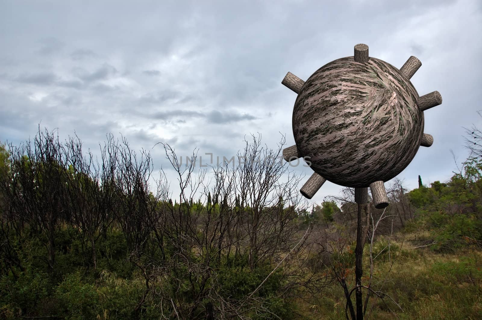 Sphere in the woods. Abstract 3d futuristic illustration.
