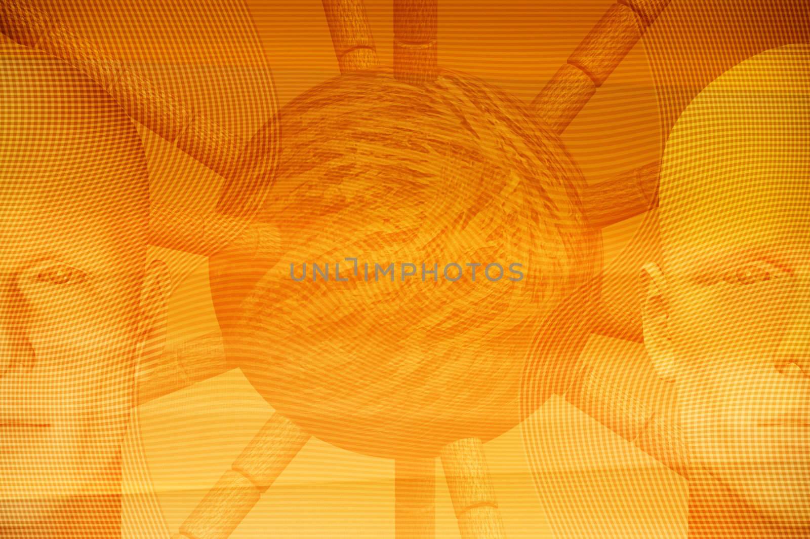 Male figures and abstract shape. 3d digitally created futuristic illustration.