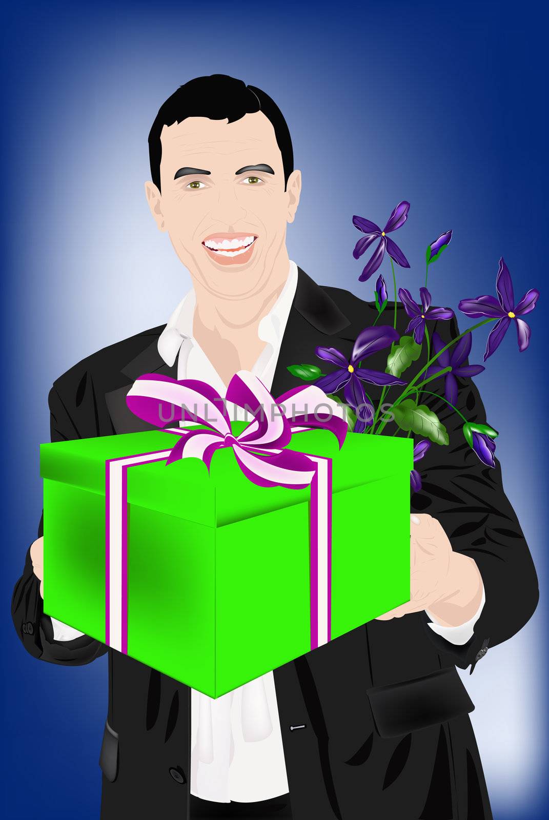 The enamoured elegant man gives a gift for favourite and a beautiful bunch of flowers 