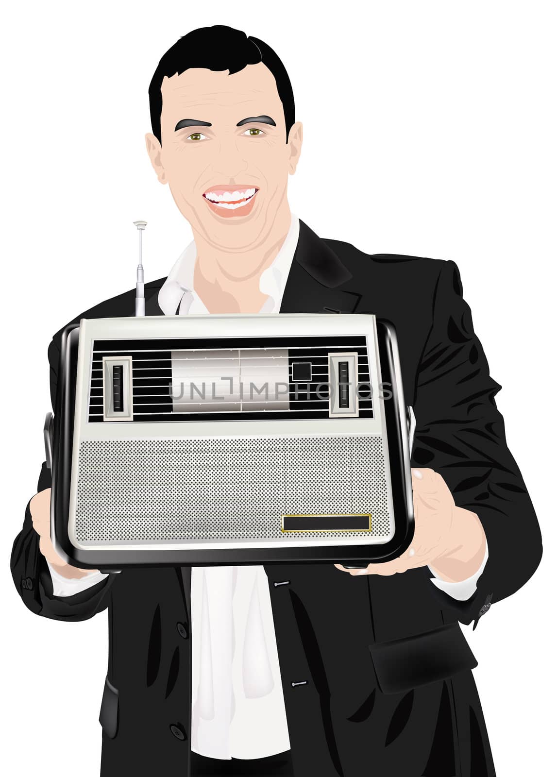 The elegant man an enamoured radio receiver in a retro on a white background