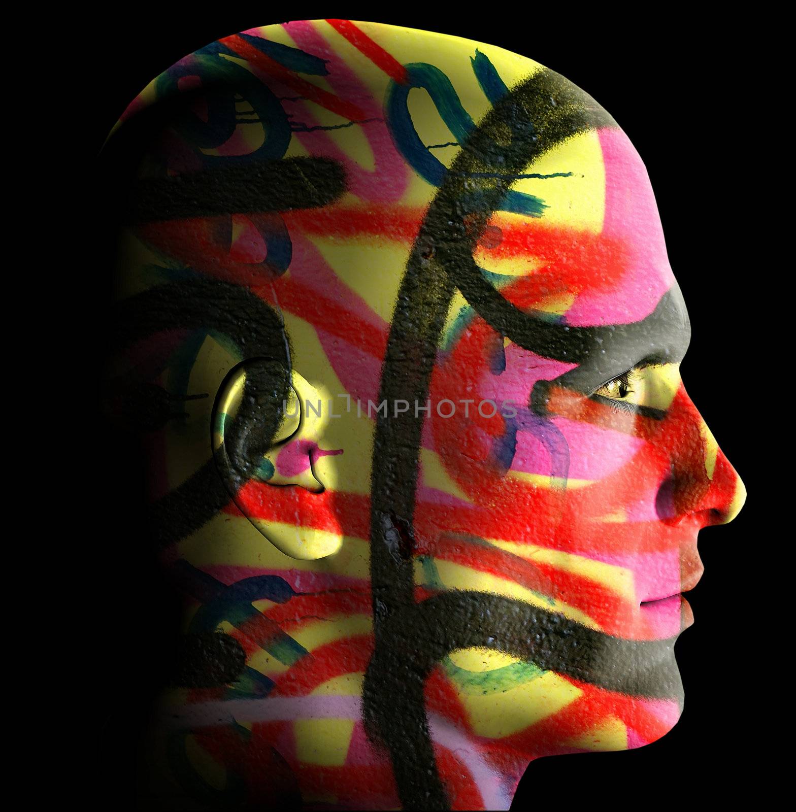 Male portrait covered with messy graffiti tags. 3d digitally created illustration.