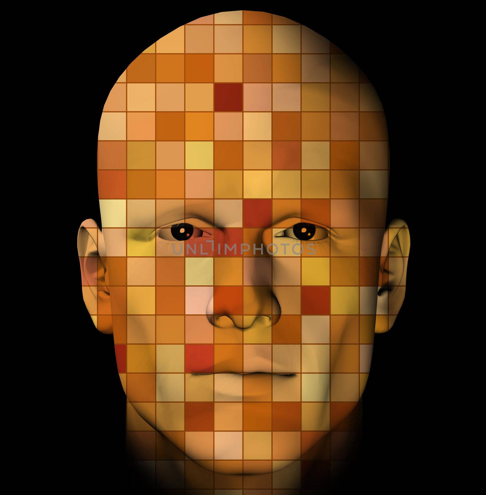 Male portrait with colorful squares pattern. 3d digitally created illustration.