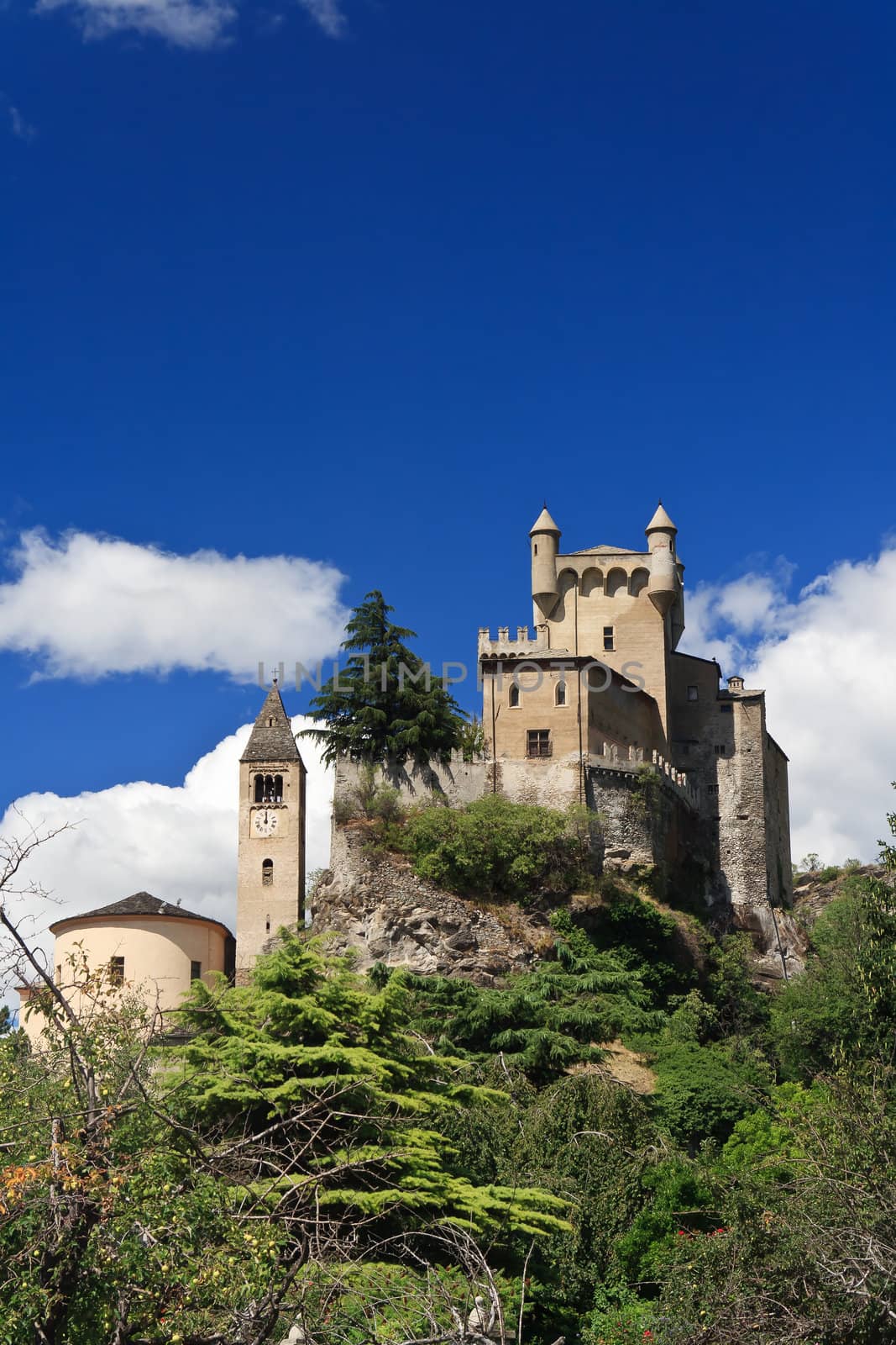 exterior of Saint-Pierre Castle and church in Aosta valley, Italy