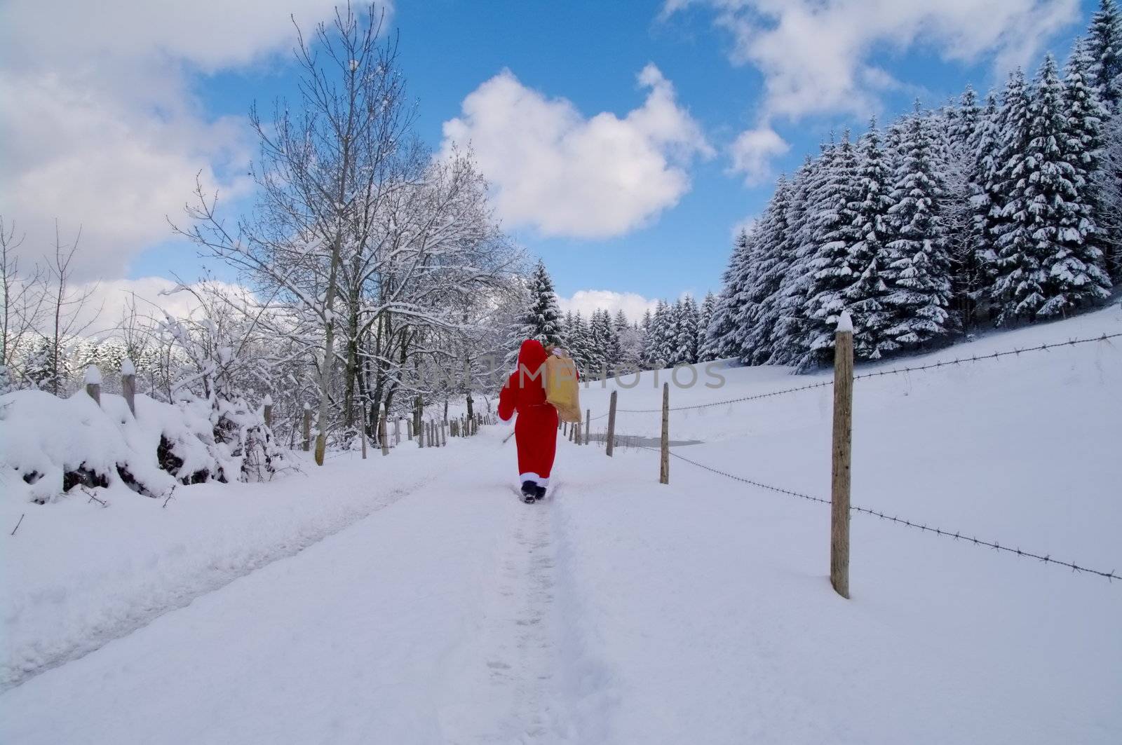 Santa Claus, Father Christmas in a beautiful winter landscape