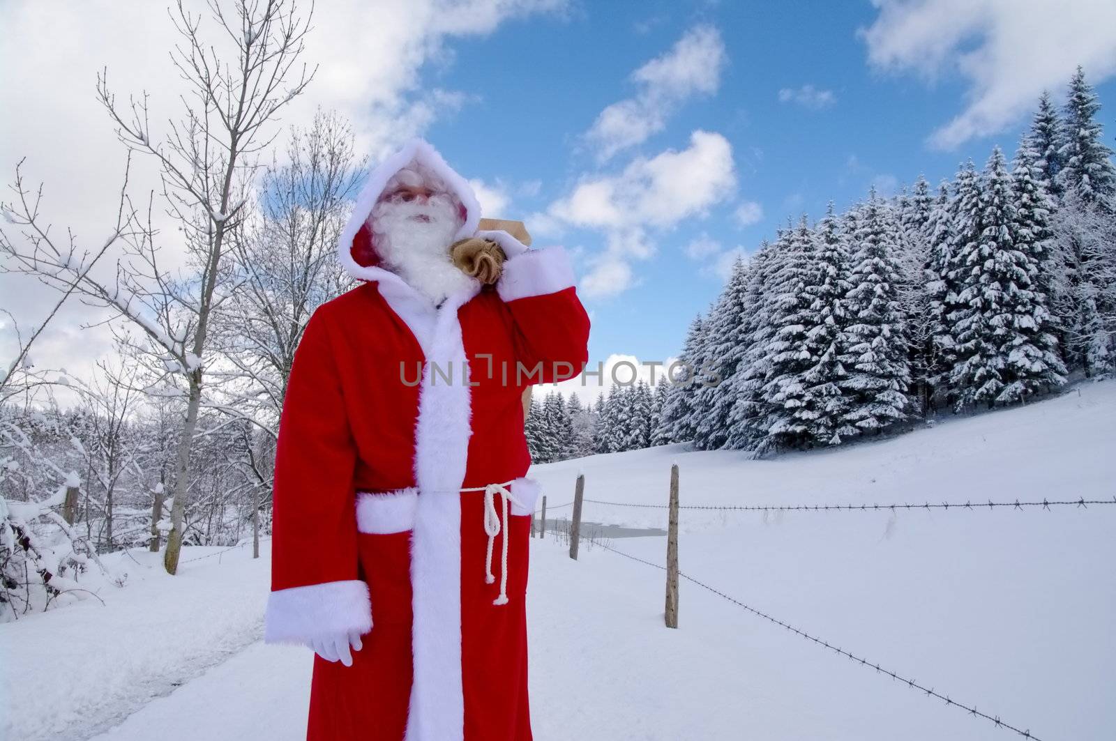 Santa Claus, Father Christmas in a beautiful winter landscape