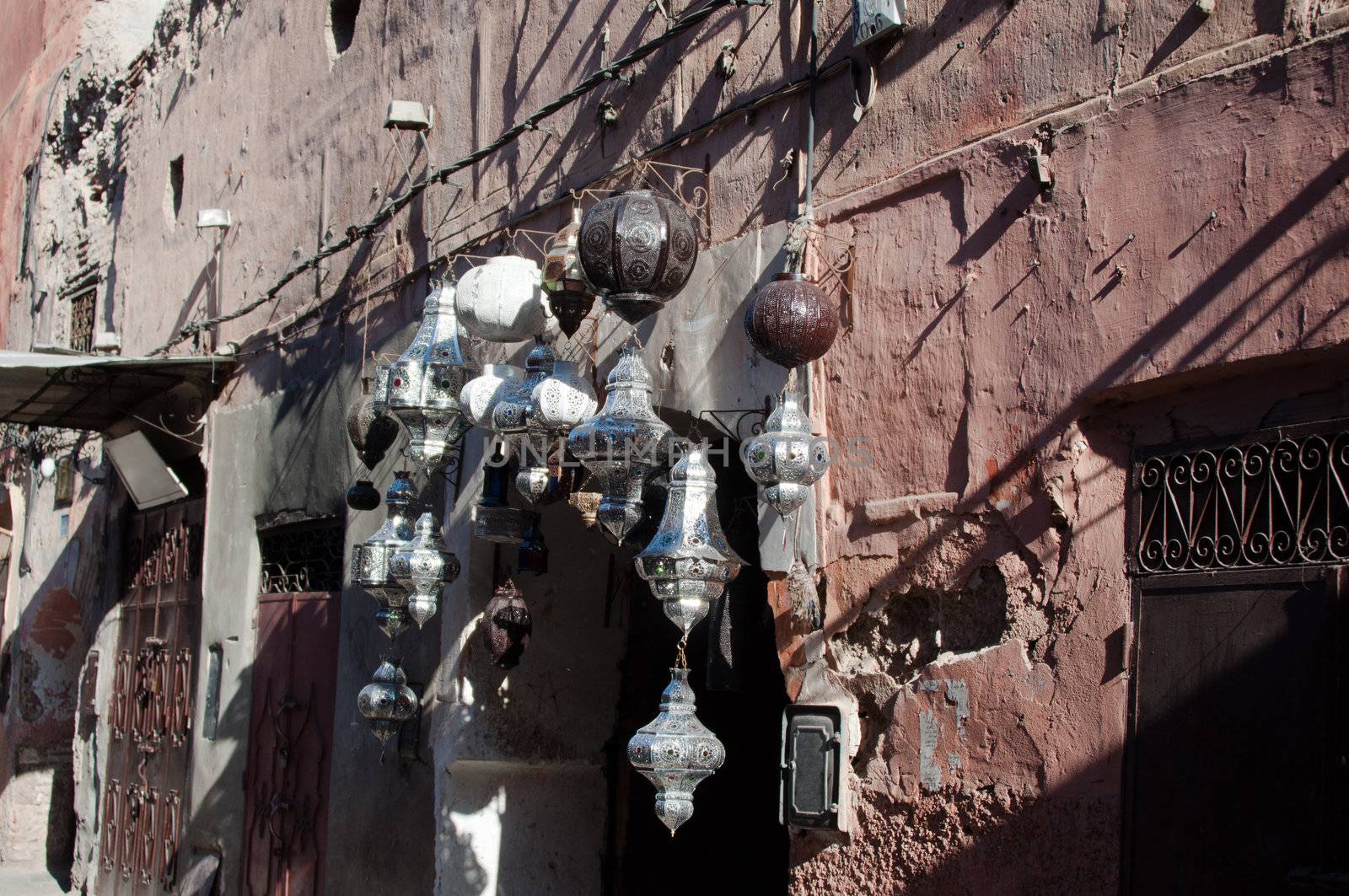 Famous moroccan metal lamps in Marrackech Medina market