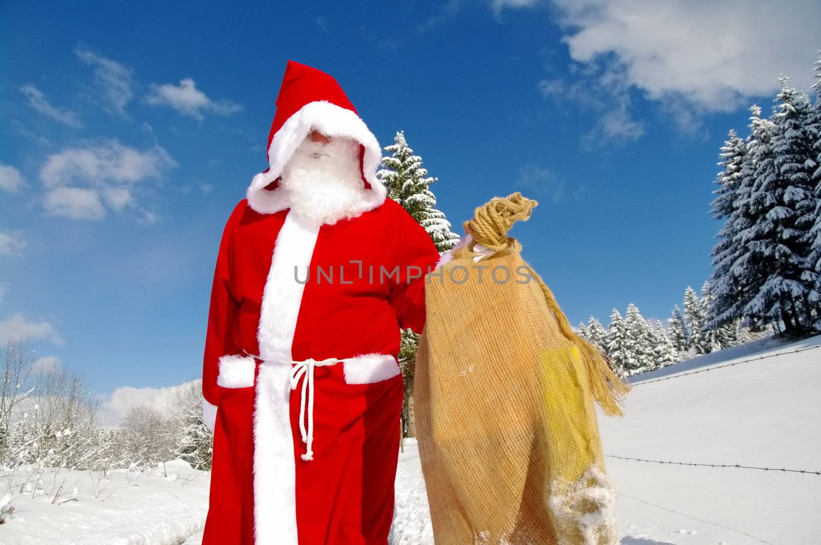 Santa Claus, Father Christmas in a beautiful winter landscape