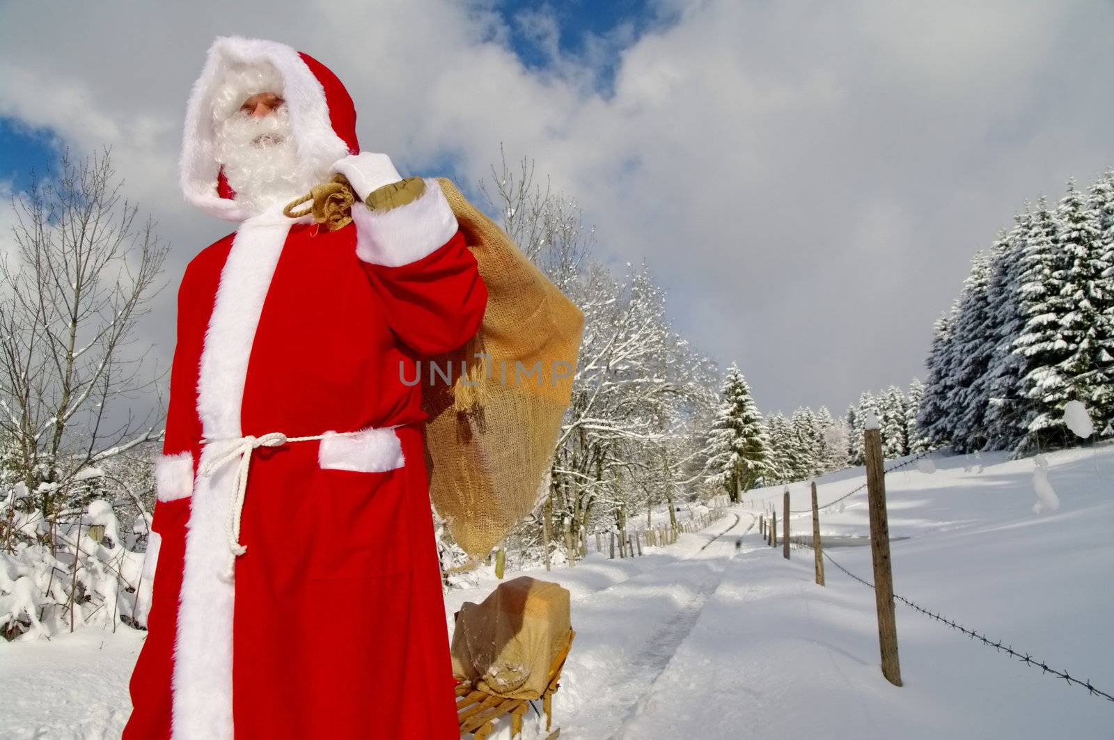 Santa Claus, Father Christmas in a beautiful winter landscape