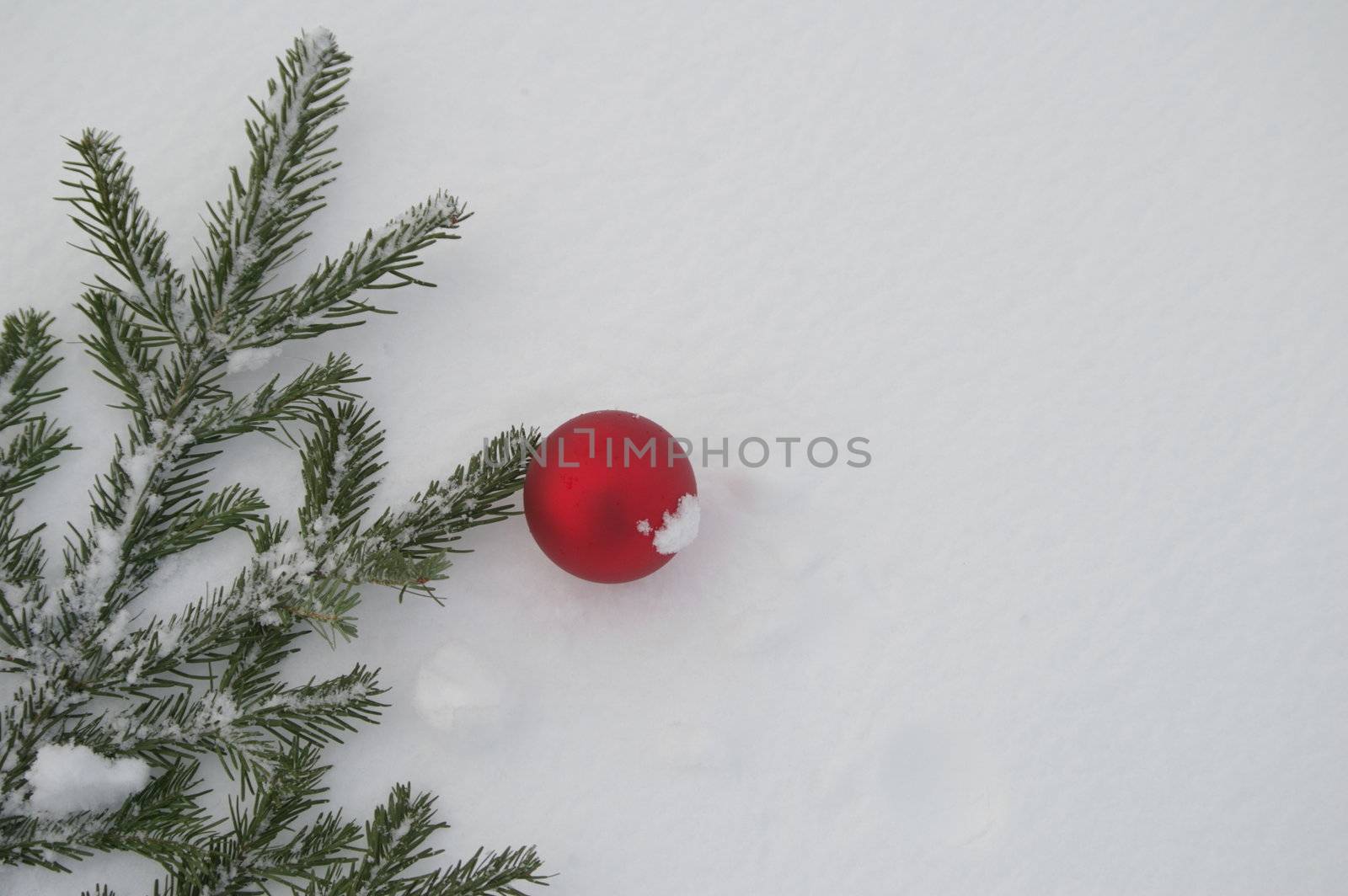 a red bauble in snowy winter landscape