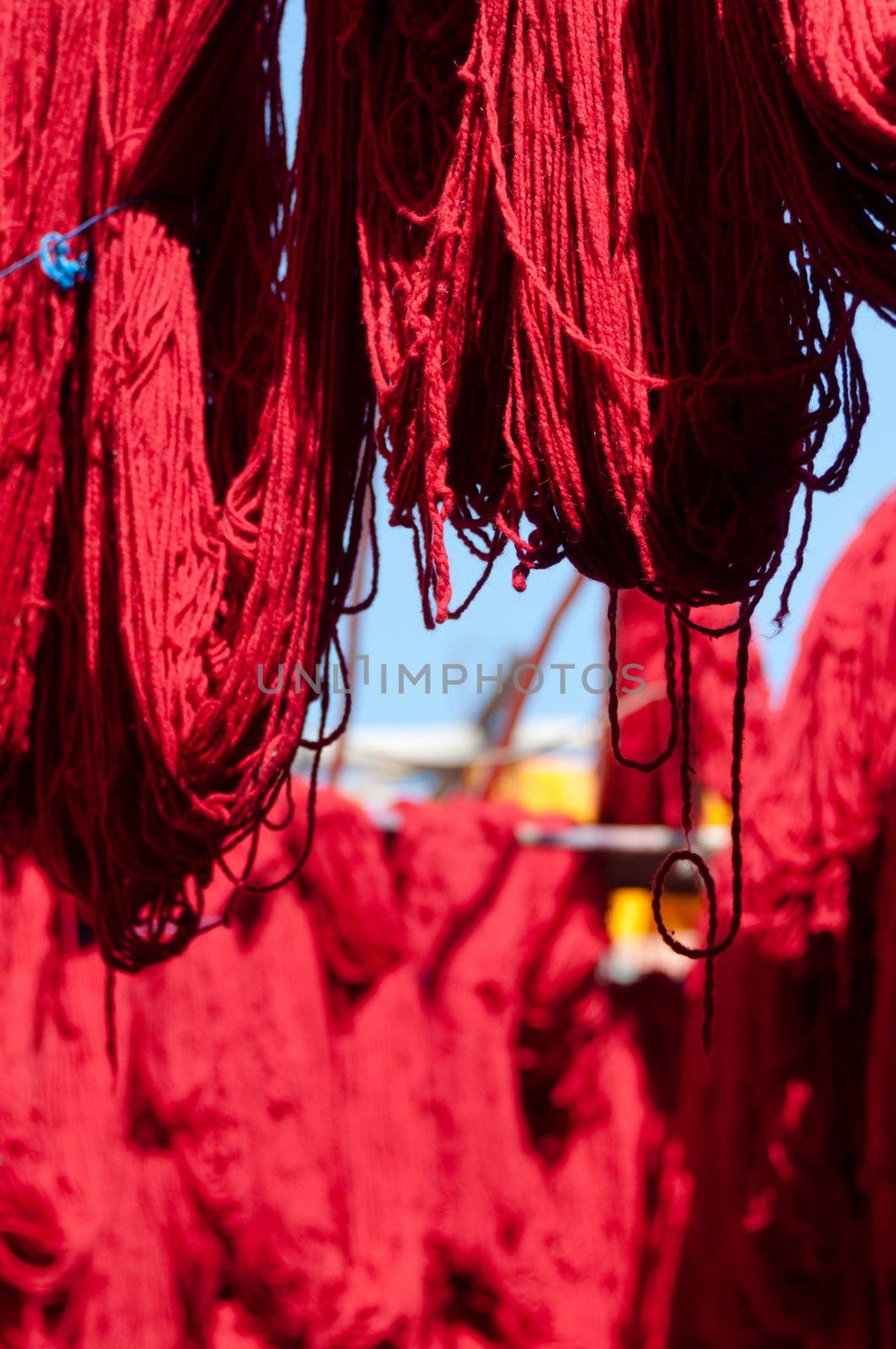 recently spun wool, dyed and drying in Medina in Marrakech, Morocco