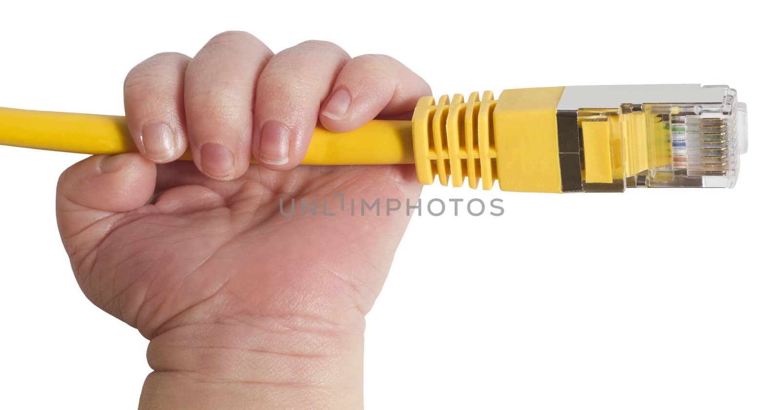 baby hand holding yellow network plug in white background