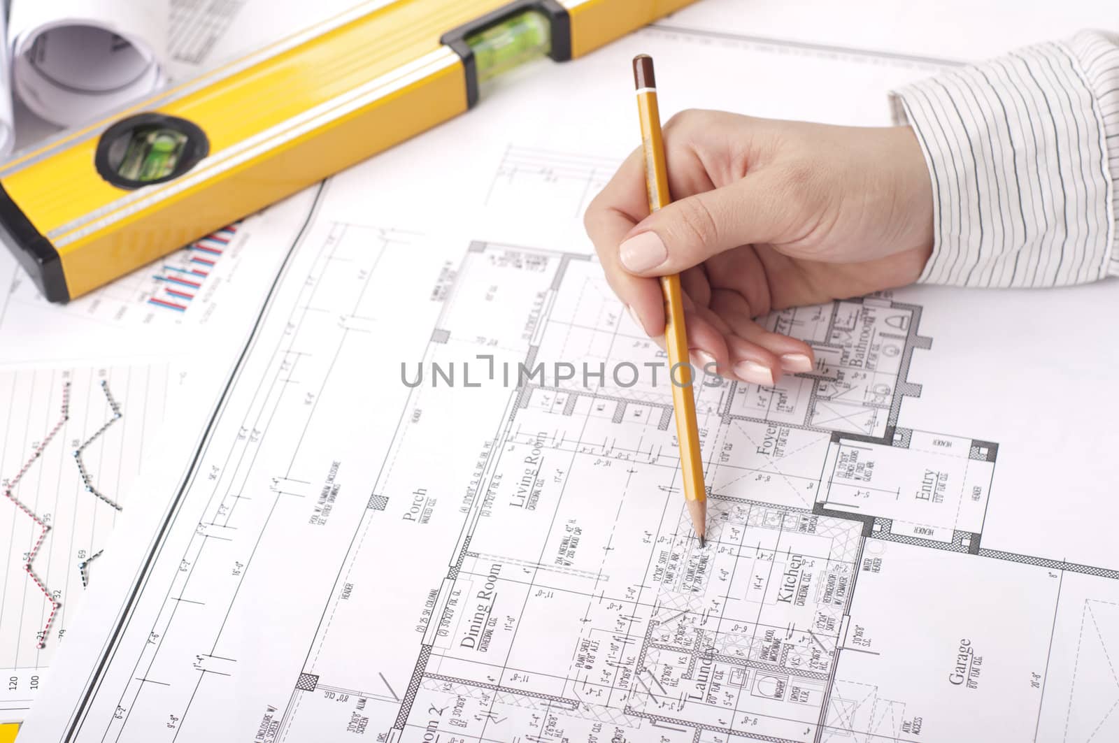 pencil, hand, blueprints on desktop by adam121