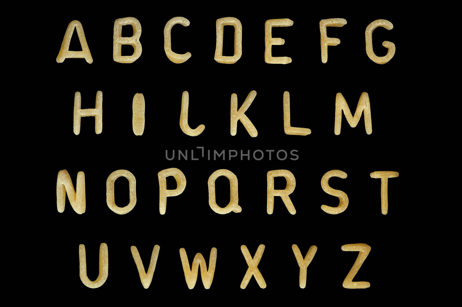Alphabet soup pasta font. Typographic characters made from kids food.